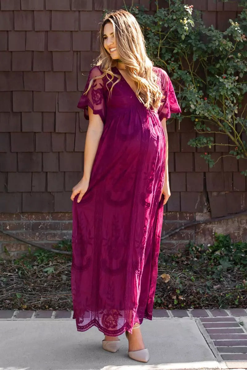 Pink Lace Mesh Overlay Maternity Maxi Dress  Pregnancy maxi dress, Pink maternity  maxi dress, Maxi dress